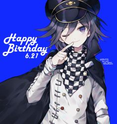 Rule 34 | 1boy, ;), black cape, black hair, black hat, blue background, cape, checkered clothes, checkered scarf, commentary request, dalrye v3, danganronpa (series), danganronpa v3: killing harmony, dated, finger to mouth, hair between eyes, happy birthday, hat, head tilt, jacket, long sleeves, looking at viewer, male focus, oma kokichi, one eye closed, peaked cap, purple eyes, purple hair, scarf, short hair, simple background, smile, solo, straitjacket, twitter username, upper body, white jacket
