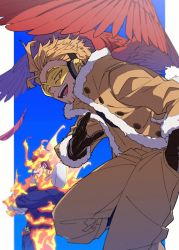 Rule 34 | 2boys, armor, beard, blonde hair, blue bodysuit, bodysuit, boku no hero academia, brown gloves, brown jacket, brown pants, buttons, commentary request, crossed arms, facial hair, feathered wings, feathers, fiery hair, fire, fur-trimmed gloves, fur-trimmed jacket, fur trim, gloves, goggles, hand in pocket, hand up, hawks (boku no hero academia), headphones, highres, jacket, leg up, long sleeves, male focus, multiple boys, muscular, muscular male, open mouth, pants, pauldrons, pocket, protected link, red hair, red wings, short hair, shoulder armor, spiked hair, stubble, tinted eyewear, endeavor (boku no hero academia), tomotarou (8krmj7), wings, yellow-tinted eyewear, yellow eyes