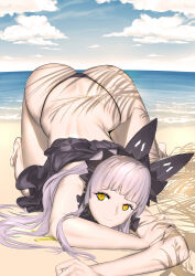 Rule 34 | 1girl, absurdres, all fours, azur lane, bad id, bad pixiv id, beach, cloud, cloudy sky, frilled hairband, frills, g-string, gorenote, hairband, highres, looking to the side, observer alpha (azur lane), ocean, sidelocks, siren (azur lane), skindentation, sky, smile, solo, thong, tree shade, white hair, yellow eyes