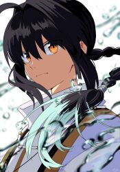 Rule 34 | 1other, ahoge, androgynous, black hair, braid, braided ponytail, closed mouth, fate/samurai remnant, fate (series), hair between eyes, highres, japanese clothes, jewelry, kimono, long hair, looking at viewer, necklace, orange eyes, pirohi (pirohi214), portrait, yamato takeru (fate), sidelocks, solo, water drop