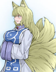 Rule 34 | 1girl, :d, alternate hair length, alternate hairstyle, animal ear fluff, animal ears, blonde hair, breasts, commentary, dress, fang, fe (tetsu), fox ears, fox tail, hands in opposite sleeves, highres, kitsune, large breasts, long sleeves, medium hair, multiple tails, no headwear, open mouth, simple background, smile, solo, symbol-only commentary, tabard, tail, touhou, white background, white dress, yakumo ran, yellow eyes