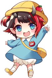 Rule 34 | 1girl, aged down, alternate costume, alternate hairstyle, apple, black hair, bloomers, blue dress, blue eyes, blush, chibi, child, commentary request, demon girl, demon horns, dress, food, fruit, full body, hat, horns, kindergarten uniform, looking at viewer, mary janes, multicolored hair, nanashi inc., one side up, open mouth, pointy ears, red hair, ryugasaki rene, school hat, shoes, short hair, simple background, smile, socks, solo, sugar lyric, transparent background, two-tone hair, underwear, usaba (usabara c), virtual youtuber, white socks, yellow footwear