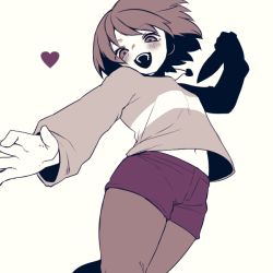 Rule 34 | 1girl, bad id, bad pixiv id, brown hair, chara (undertale), commentary request, jewelry, knife, looking at viewer, necklace, oshiruko (tsume), pantyhose, red eyes, shirt, short hair, shorts, simple background, solo, striped clothes, striped shirt, striped sweater, sweater, undertale, white background