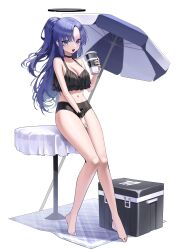 Rule 34 | 1girl, absurdres, bare arms, bare legs, bare shoulders, barefoot, bikini, black bikini, black choker, blue archive, blue eyes, blush, breasts, choker, cleavage, cup, disposable cup, full body, halo, highres, holding, holding cup, large breasts, long hair, mechanical halo, open mouth, parasol, ponytail, purple hair, sbgu, simple background, solo, swimsuit, umbrella, white background, yuuka (blue archive)