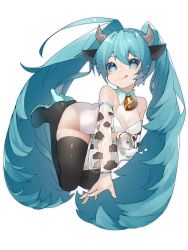 Rule 34 | 1girl, absurdres, animal ears, animal print, aqua eyes, aqua hair, bare shoulders, black thighhighs, bottle, commentary, cow ears, cow girl, cow horns, cow print, detached sleeves, hair ornament, hatsune miku, high heels, highres, horns, legs up, leotard, lips, long hair, milk bottle, neck bell, reirou (chokoonnpu), see-through, see-through sleeves, shiny clothes, shiny legwear, smile, solo, spilling, thighhighs, tongue, tongue out, twintails, very long hair, vocaloid, white background, white leotard
