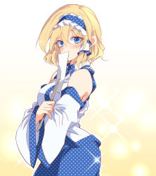 Rule 34 | 1girl, alice margatroid, alternate costume, bare shoulders, blonde hair, blue eyes, blue hairband, blue skirt, blush, breasts, commentary request, cosplay, covering own mouth, detached sleeves, frilled hairband, frills, gohei, hair between eyes, hair tubes, hairband, highres, ichimura kanata, kochiya sanae, kochiya sanae (cosplay), lolita hairband, long sleeves, looking at viewer, medium breasts, nontraditional miko, sidelocks, simple background, skirt, solo, sparkle, standing, touhou, upper body, wide sleeves, wing collar, yellow background