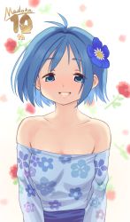 Rule 34 | 1girl, absurdres, alternate costume, anniversary, aqua flower, armpit crease, arms at sides, backlighting, bare shoulders, blue dress, blue eyes, blue flower, blue hair, breasts, clenched teeth, collarbone, commentary, copyright name, dot nose, dress, english commentary, eyes visible through hair, floral background, floral print, flower, flower request, gloamy, grin, hair flower, hair ornament, half-closed eyes, happy, highres, lips, long sleeves, looking at viewer, mahou shoujo madoka magica, mahou shoujo madoka magica (anime), medium breasts, miki sayaka, no bra, off-shoulder dress, off shoulder, parted lips, purple flower, red flower, short hair, simple background, smile, solo, teeth, upper body, white background