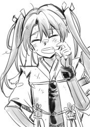 Rule 34 | 1girl, anchor, closed eyes, commentary, dirty, dirty clothes, dirty face, greyscale, hair between eyes, hair ribbon, highres, japanese clothes, jinbaori, kantai collection, kimono, long hair, messy hair, monochrome, open mouth, ribbon, sanpachishiki (gyokusai-jima), scratching cheek, smile, solo, sweatdrop, teeth, torn clothes, twintails, upper body, white background, zuikaku (kancolle)