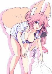 Rule 34 | 10s, 1girl, :d, animal ear fluff, animal ears, bag, bare legs, blush, bottomless, breasts, cleavage, collarbone, commentary request, downblouse, fang, fate/extra, fate (series), feet out of frame, fox ears, fox girl, fox tail, hair between eyes, hanging breasts, highres, holding, holding bag, large breasts, leaning forward, long hair, looking at viewer, motion lines, nipple slip, nipples, no bra, open mouth, pink hair, polka dot, polka dot background, shirt, smile, solo, standing, striped clothes, striped shirt, tail, tamamo (fate), tamamo no mae (fate/extra), tamamo no mae (swimsuit lancer) (fate), tamamo no mae (swimsuit lancer) (first ascension) (fate), wisespeak, yellow eyes