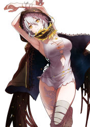 Rule 34 | 1girl, armpits, arms up, bandaged leg, bandages, breasts, bright pupils, cleavage, cloak, code vein, cropped, dress, hair between eyes, highres, hood, hooded cloak, hoodie, io (code vein), jewelry, kurumi kobayashi, large breasts, looking at viewer, necklace, official art, parted lips, pendant, short dress, short hair, silver hair, solo, white dress, white pupils, wristband, yellow eyes