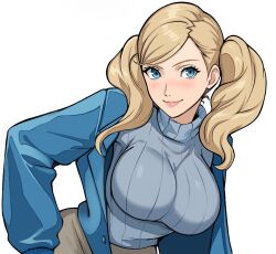 Rule 34 | 1girl, ai-assisted, blonde hair, blue eyes, blue jacket, breasts, closed mouth, jacket, large breasts, lepypepy, persona, persona 5, ribbed sweater, simple background, smile, solo, sweater, takamaki anne, turtleneck, turtleneck sweater, twintails, upper body, white background