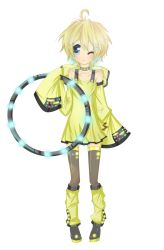 Rule 34 | 1girl, bird, blonde hair, blue eyes, blue theme, blush, boots, bow, breasts, detached sleeves, dress, duck, earrings, female focus, full body, glowing, hair ornament, hairclip, hairpin, highres, hoop, hula hoop, jewelry, kagamine rin, kagamine rin (append), leg warmers, legs, miniskirt, music, original, ribbon, short hair, skirt, small breasts, smile, solo, thighhighs, thighs, tron, utau, vocaloid, vocaloid append, white background, wink, yellow dress, yellow theme
