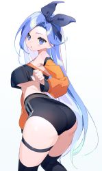 1girl, :o, ass, black legwear, black ribbon, black shorts, blue eyes, blue hair, blush, borrowed character, breasts, commentary request, commission, detached sleeves, feet out of frame, from behind, hair ribbon, high-waist shorts, highres, leaning forward, long hair, long sleeves, looking at viewer, looking back, medium breasts, minah (chaesu), original, parted lips, ribbon, shirama (c2h76 5), shorts, skeb commission, solo, sports bra, standing, straight hair, thigh strap, thighhighs, underboob, very long hair