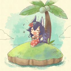 Rule 34 | 1girl, :d, animal ear fluff, animal ears, black hair, bob-the-bison, chibi, coconut, coconut tree, dress, closed eyes, fang, flipped hair, floral print, flower, hair flower, hair ornament, hairclip, highres, hololive, instrument, island, long hair, multicolored hair, music, ookami mio, open mouth, palm tree, playing instrument, print dress, red dress, red hair, sidelocks, singing, skin fang, smile, solo, strapless, strapless dress, streaked hair, tail, tree, tube dress, ukulele, very long hair, virtual youtuber, wolf ears, wolf girl, wolf tail, |d