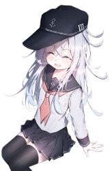 Rule 34 | 1girl, absurdres, anchor symbol, black hat, black sailor collar, black skirt, black thighhighs, blush, closed eyes, dfd, feet out of frame, flat cap, grey hair, hair between eyes, hat, hibiki (kancolle), highres, kantai collection, long hair, long sleeves, neckerchief, open mouth, pleated skirt, red neckerchief, sailor collar, school uniform, serafuku, simple background, skirt, smile, solo, thighhighs, white background