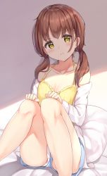 Rule 34 | 1girl, blue shorts, blush, brown hair, camisole, collarbone, feet out of frame, frown, highres, keiran (ryo170), knees together feet apart, looking at viewer, low twintails, off shoulder, original, panties, panties under shorts, pantyshot, pillow, short shorts, shorts, sitting, solo, twintails, underwear, upshorts, white panties, yellow camisole, yellow eyes