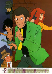 1980s_(style) 1989 1girl 3boys anime_v arsene_lupin_iii beard belt black_hair brown_hair calendar_(medium) coat commentary dated detective english_commentary facial_hair february formal gun handgun hat highres ishikawa_goemon_xiii jigen_daisuke long_hair lupin_iii magazine_scan mauser_c96 mine_fujiko multiple_boys necktie oldschool ootsuka_yasuo orange_hair poster_(medium) retro_artstyle samurai scan sideburns suit traditional_media walther walther_p38 weapon zenigata_kouichi