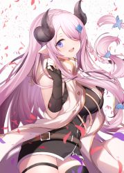 Rule 34 | 1girl, asymmetrical gloves, bare shoulders, black gloves, black thighhighs, blue eyes, braid, breasts, cleavage, commentary request, draph, elbow gloves, gloves, granblue fantasy, hair ornament, hair over one eye, highres, horns, large breasts, light purple hair, long hair, looking at viewer, low tied hair, maosame, narmaya (granblue fantasy), open mouth, pointy ears, purple hair, single braid, smile, solo, thighhighs, uneven gloves, very long hair