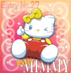 Rule 34 | 1girl, animal ears, animal nose, blush, border, cat ears, cat girl, commentary request, english text, furry, furry female, hello kitty, mimmy (hello kitty), one eye closed, overalls, pointing, red overalls, sanrio, sitting, solo, sparkle, ten (ten nekosupi)