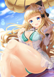 Rule 34 | 1girl, :d, bikini, bikini under clothes, black bow, blonde hair, blue sky, blush, bow, breasts, cleavage, cloud, commentary request, criss-cross halter, crossed legs, day, flower, green bikini, hair bow, hair flower, hair ornament, halterneck, hands up, high ponytail, highres, holding, knees up, long hair, long sleeves, medium breasts, o-ring, o-ring bikini, o-ring top, open mouth, outdoors, parasol, ponytail, princess connect!, saren (princess connect!), saren (summer) (princess connect!), see-through, see-through sleeves, side-tie bikini bottom, sitting, sky, smile, solo, swimsuit, umbrella, very long hair, white flower, xenon (for achieve)