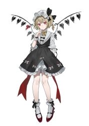 Rule 34 | 1girl, absurdres, alternate color, black dress, black skirt, black vest, closed mouth, commentary request, crystal, daimaou ruaeru, dress, flandre scarlet, full body, highres, looking at viewer, one side up, red eyes, short hair, simple background, skirt, socks, solo, touhou, vest, white background, white socks, wings, wrist cuffs