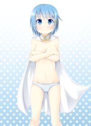 Rule 34 | &gt;:), 10s, 1girl, anri-agnes, blue eyes, blue hair, blush, breasts, cape, cleavage, crossed arms, fortissimo, hair ornament, highres, mahou shoujo madoka magica, mahou shoujo madoka magica (anime), matching hair/eyes, miki sayaka, musical note, musical note hair ornament, nearly naked cape, panties, panties only, polka dot, polka dot background, short hair, smile, solo, striped clothes, striped panties, topless, underwear, underwear only, v-shaped eyebrows