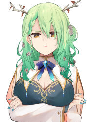 Rule 34 | 1girl, antlers, arms under breasts, asymmetrical hair, blue dress, blue nails, blue ribbon, braid, breast hold, breasts, ceres fauna, cleavage, crossed arms, crossed bangs, dress, flower, gloves, green hair, hair between eyes, hair flower, hair ornament, highres, hololive, hololive english, horns, large breasts, long hair, looking at viewer, mole, mole under eye, parted lips, partially fingerless gloves, ribbon, shuuzo3, side braid, simple background, solo, upper body, virtual youtuber, white background, white dress, yellow eyes