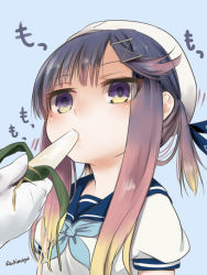 Rule 34 | 1girl, admiral (kancolle), akino shuu, beret, blonde hair, blue background, blue neckerchief, blue sailor collar, blush, brown hair, commentary request, eating, feeding, food, gloves, gradient hair, hair ornament, hat, holding, kantai collection, kodomo no hi, long hair, looking away, multicolored hair, neckerchief, out of frame, puffy short sleeves, puffy sleeves, purple eyes, purple hair, sailor collar, sexually suggestive, shirt, short sleeves, sidelocks, simple background, solo focus, tsushima (kancolle), upper body, white gloves, white headwear, white shirt, x hair ornament, zongzi