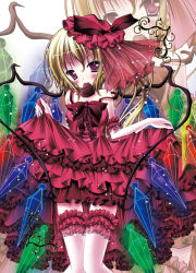 Rule 34 | 1girl, blonde hair, blush, bridal garter, candy, chocolate, chocolate heart, clothes lift, dress, dress lift, embodiment of scarlet devil, female focus, flandre scarlet, food, hat, heart, key luna, legband, purple eyes, red dress, red eyes, side ponytail, solo, strap slip, thighhighs, touhou, white thighhighs, wings