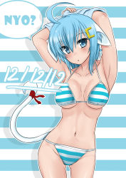 Rule 34 | 1girl, animal ears, armpits, arms behind head, arms up, bikini, blue eyes, blue hair, cat ears, cat tail, dated, highres, mint (cerbi), original, solo, striped bikini, striped clothes, swimsuit, tail