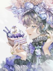 Rule 34 | 1boy, absurdres, androgynous, black bow, black bowtie, black hair, blue flower, blue rose, blueberry, bonnet, bow, bowtie, buttons, carousel, earrings, fingernails, flower, flower earrings, food, frilled shirt, frills, fruit, grey shirt, hat, hat flower, highres, holding, holding food, jewelry, long sleeves, looking at object, braided hair rings, male focus, original, parted lips, pink flower, pink rose, pinky ring, profile, purple eyes, purple shirt, rose, shirt, simple background, solo, sparkle, tart (food), teeth, tsukimiya akira, upper body, wafer stick, white background