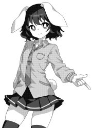 Rule 34 | 1girl, animal ears, breast pocket, bright pupils, closed mouth, collared shirt, cowboy shot, greyscale, hair between eyes, inaba tewi, long sleeves, monochrome, necktie, onkn sxkn, pleated skirt, pocket, rabbit ears, rabbit tail, shirt, short hair, simple background, skirt, smile, solo, tail, thighhighs, touhou, white background, white pupils