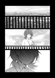 Rule 34 | 1girl, absurdres, ahoge, building, cityscape, comic, crying, fence, glasses, greyscale, highres, kaede (mmkeyy), low twintails, monochrome, removing eyewear, school uniform, shirt, short twintails, silent comic, solo, tearing up, touhou, twintails, upper body, usami sumireko
