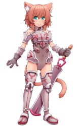 Rule 34 | 1girl, amane hasuhito, animal ears, armor, bad id, bad pixiv id, bare shoulders, black gloves, cat ears, cat tail, covered navel, full body, gloves, green eyes, original, red hair, short hair, simple background, smile, solo, standing, sword, tail, tower of infinity, weapon, white background