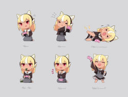 Rule 34 | &gt; &lt;, 1girl, :d, :q, ^ ^, animal ear fluff, animal ears, bad id, bad pixiv id, black choker, blonde hair, cait aron, chibi, choker, closed eyes, commentary request, controller, cramp, dark-skinned female, dark skin, expressions, flying sweatdrops, frilled sleeves, frills, game controller, grey background, headphones, highres, holding, holding controller, hololive, jar, long hair, long sleeves, mouth hold, multicolored hair, multiple views, open mouth, paresthesia, red eyes, seaweed, seiza, shiranui flare, shiranui flare (street), simple background, sitting, smile, standing, streaked hair, tongue, tongue out, two-tone hair, victory pose, virtual youtuber, white hair, wide sleeves