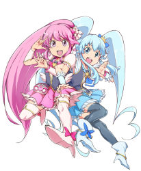 Rule 34 | 10s, 2girls, :d, \m/, aino megumi, bad id, bad pixiv id, black legwear, blue eyes, blue hair, blue skirt, boots, bow, bowtie, brooch, crown, cure lovely, cure princess, full body, hair ornament, happinesscharge precure!, heart, heart brooch, heart hair ornament, jewelry, locked arms, long hair, magical girl, mini crown, multiple girls, necktie, open mouth, pink bow, pink eyes, pink hair, pink skirt, ponytail, precure, roro (qualitynine), shirayuki hime, shoes, skirt, smile, thigh boots, thighhighs, twintails, white background, white legwear, wide ponytail, wrist cuffs
