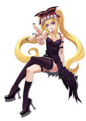 Rule 34 | 1girl, aiming, aiming at viewer, arm belt, asymmetrical clothes, asymmetrical legwear, bare arms, bare shoulders, black thighhighs, blonde hair, collarbone, dress, fangs, finger gun, fkey, hat, high heels, highres, jewelry, leg belt, long hair, looking at viewer, nail polish, original, pink eyes, purple dress, ring, single thighhigh, sleeveless, sleeveless dress, solo, thighhighs, twintails, uneven legwear, very long hair