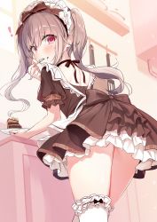 Rule 34 | !, 1girl, absurdres, apron, blush, brown dress, brown ribbon, cake, cake slice, chocolate cake, choker, dress, eating, emia (castilla), food, food on face, fork, frilled dress, frilled thighhighs, frills, from below, grey hair, hair ribbon, highres, holding, holding fork, holding plate, kitchen, layered dress, looking at viewer, looking back, maid, maid apron, maid headdress, original, plate, red eyes, ribbon, ribbon choker, solo, thighhighs, twintails, utensil in mouth, white thighhighs