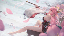 Rule 34 | 1girl, arm up, bare legs, bare shoulders, barefoot, blurry, blurry foreground, breasts, depth of field, detached sleeves, dutch angle, genshin impact, hair ornament, highres, holding, japanese clothes, jay xu, lake, large breasts, legs, long hair, long sleeves, looking up, parted lips, petals, pink hair, purple eyes, revealing clothes, sideboob, sitting, soaking feet, solo, torii, underbust, very long hair, water, wide sleeves, yae miko