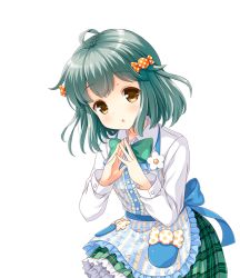 Rule 34 | 1girl, ahoge, apron, blush, bow, bowtie, brown eyes, collared shirt, female focus, food-themed hair ornament, frilled skirt, frills, girlfriend (kari), green bow, green bowtie, green hair, hair ornament, head tilt, long sleeves, looking at viewer, mishina kaho, official art, open mouth, own hands together, plaid, plaid skirt, qp:flapper, school uniform, shirt, short hair, simple background, skirt, solo, transparent background, white background