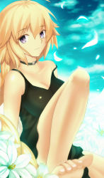 Rule 34 | 1girl, ahoge, bare shoulders, barefoot, black dress, blonde hair, blue sky, braid, breasts, choker, cleavage, cocktail dress, collarbone, dress, expressionless, eyebrows, fate/apocrypha, fate/grand order, fate/stay night, fate (series), feet, flower, highres, jeanne d&#039;arc (fate), jeanne d&#039;arc (ruler) (fate), knee up, large breasts, lily (flower), long hair, looking at viewer, off shoulder, paperfinger, petals, purple eyes, short dress, single braid, sitting, sky, sleeveless, sleeveless dress, solo, toenails, toes, type-moon, very long hair