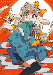 Rule 34 | 1girl, animal ears, artist name, bag, black thighhighs, blue sweater, bow, bright pupils, clothes writing, cloud, commentary request, cowboy shot, daruma doll, hair bow, heart, highres, long hair, long sleeves, open mouth, orange bow, original, rabbit ears, red background, red eyes, shoulder bag, sleeves past fingers, sleeves past wrists, solo, star (symbol), sweater, tearing up, tenteko mai51, thighhighs, white hair, white pupils, wind