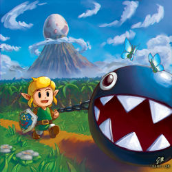 Rule 34 | 1boy, blonde hair, blue eyes, bow wow (zelda), brown footwear, bug, butterfly, chain, chain chomp, chain leash, cloud, commentary, day, egg, english commentary, field, flower, green shirt, hat, holding, hylian shield, insect, leash, likovacs, link, long sleeves, male focus, mountain, nintendo, open mouth, pointy ears, shield, shirt, sky, smile, the legend of zelda, the legend of zelda: link&#039;s awakening, tunic, walking, watermark, web address