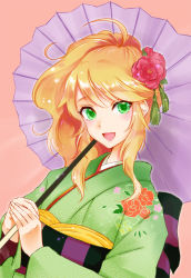 Rule 34 | 1girl, ahoge, blonde hair, blush, floral print, flower, green eyes, hair flower, hair ornament, hair up, harami (mxp0109), hoshii miki, idolmaster, idolmaster (classic), japanese clothes, long hair, looking at viewer, no pupils, oil-paper umbrella, open mouth, own hands together, sayagata, simple background, smile, solo, umbrella, unmoving pattern, upper body
