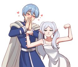 Rule 34 | 1boy, 1girl, bare arms, bare shoulders, blue hair, blush, caminukai, cloak, closed eyes, closed mouth, commentary, dress, earrings, elf, english commentary, flexing, frieren, green eyes, grey cloak, grey hair, hair over shoulder, hand to own mouth, hands up, happy, heart, height difference, hetero, himmel (sousou no frieren), hood, hood down, hooded cloak, jewelry, leaning to the side, long hair, long sleeves, looking at viewer, meme, mole, mole under eye, muscular bride (meme), photo-referenced, pointy ears, short hair, simple background, sleeveless, sleeveless dress, smug, sousou no frieren, sundress, twintails, twitter username, white background, white dress