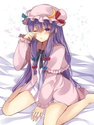 Rule 34 | 1girl, bad id, bad twitter id, bare legs, barefoot, bed, bow, hair bow, hair ribbon, hat, jpeg artifacts, long hair, looking at viewer, mob cap, one eye closed, patchouli knowledge, purple eyes, purple hair, ribbon, shiromikan, sitting, sketch, solo, touhou, very long hair, waking up