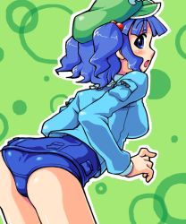 Rule 34 | 1girl, blue eyes, blue hair, female focus, hair bobbles, hair ornament, hat, kawashiro nitori, manji taba, matching hair/eyes, no pants, one-piece swimsuit, school swimsuit, short hair, solo, swimsuit, swimsuit under clothes, touhou, twintails, two side up
