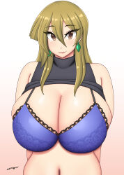 1girl arms_behind_back artist_name bare_shoulders blonde_hair blue_bra bra breasts brown_eyes cleavage earrings female_focus highres huge_breasts jewelry lipstick long_hair looking_at_viewer makeup shiny_skin simple_background solo somegu stomach tenjouin_asuka underwear variant_set yu-gi-oh! yu-gi-oh!_gx