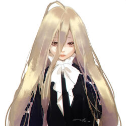 Rule 34 | 1girl, absurdres, black dress, blonde hair, brown eyes, dress, hair between eyes, highres, korean commentary, long hair, looking at viewer, osuk2, parted lips, sense (sousou no frieren), shaded face, simple background, solo, sousou no frieren, upper body, very long hair, white background