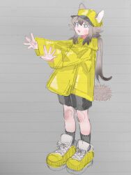 1girl animal_ears blue_eyes brown_hair cat_ears cat_girl cat_tail full_body grey_background hat highres long_hair mixed_media original outstretched_arms ponytail shoes shorts sneakers solo standing striped_background tail traditional_media ty_z15 yellow_raincoat